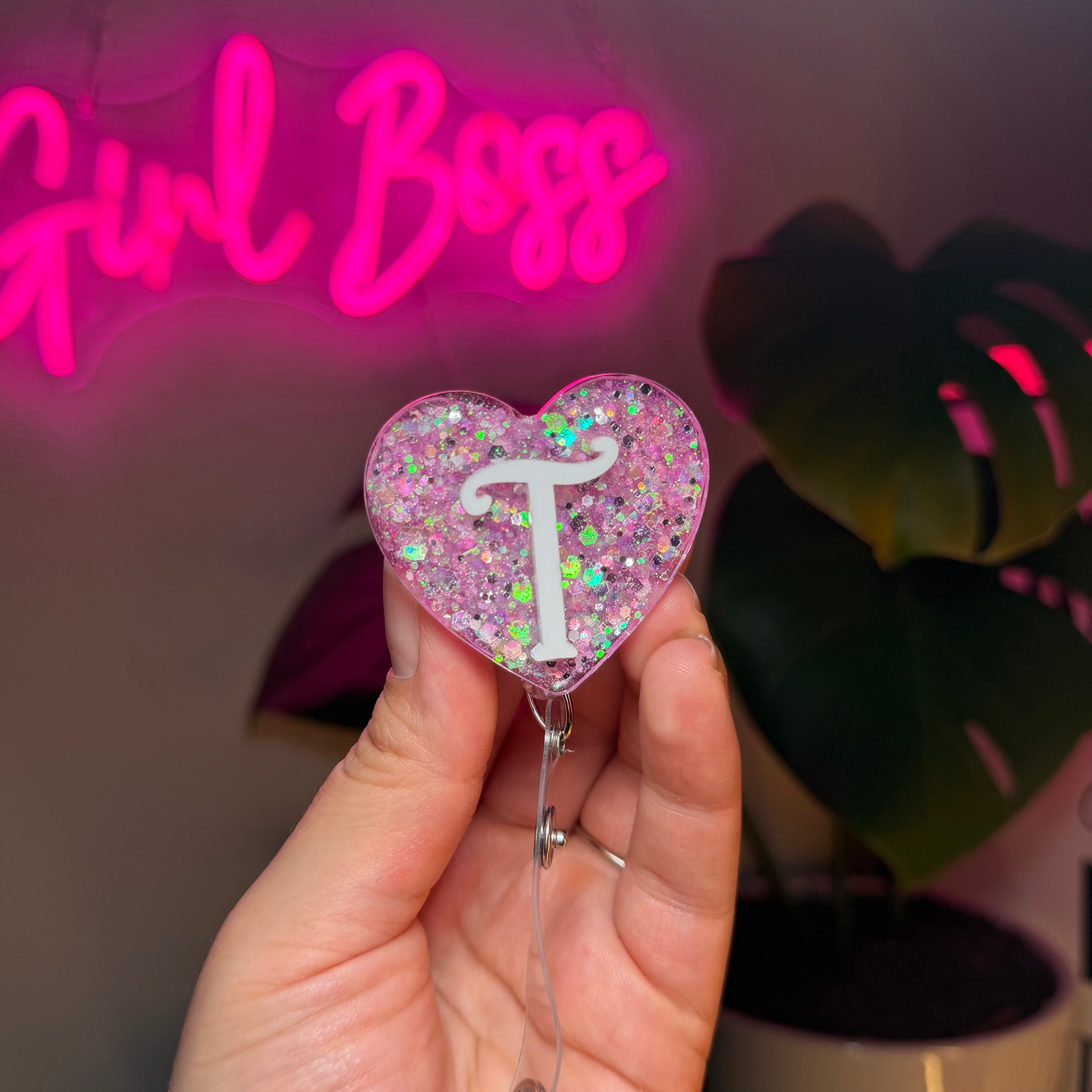 Personalized Pink & Glitter Heart Badge Reel